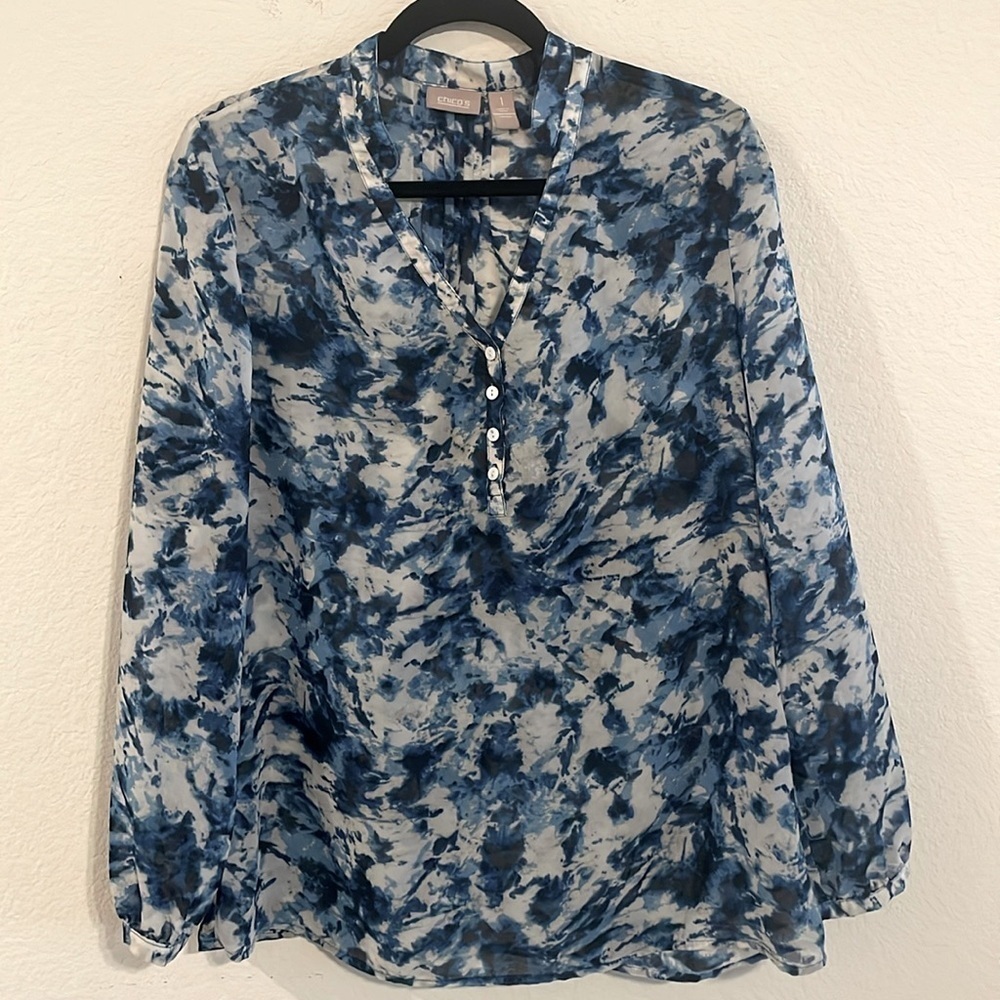 Chico’s Women’s Tunic Top Medium Blue & White Abstract Business Causal Colorful